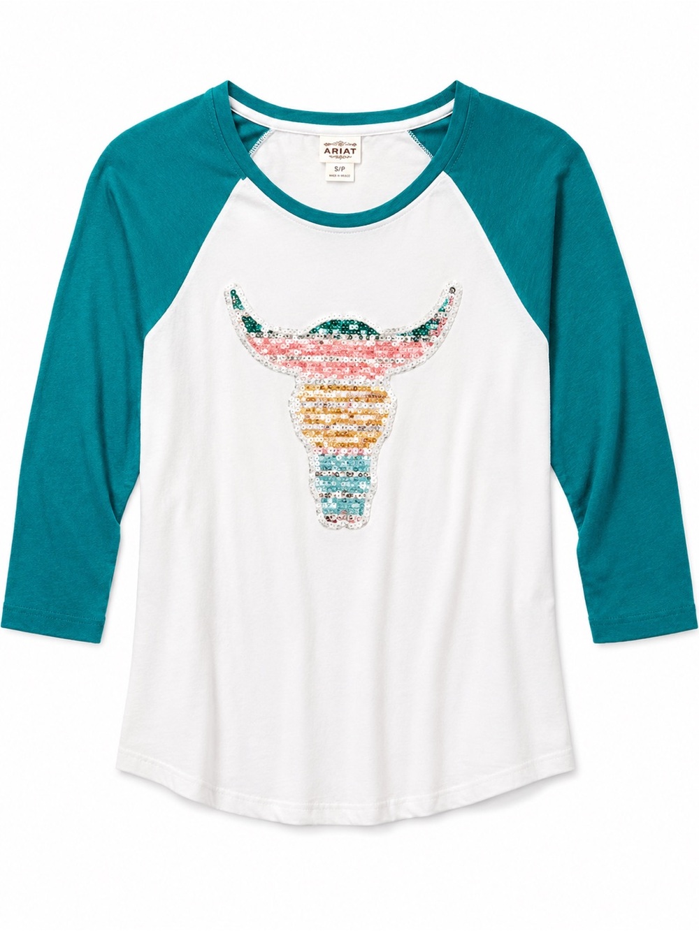 Ariat Reversible Sequin Longhorn Raglan 3/4 Sleeve Western Tee Sz S